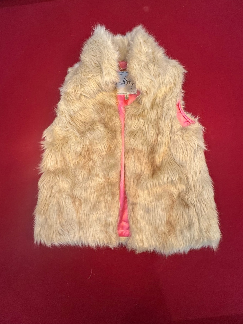 MILLY of NY Vintage Faux Fur Vest With Pink Satin Lining And Locker Chain Loop